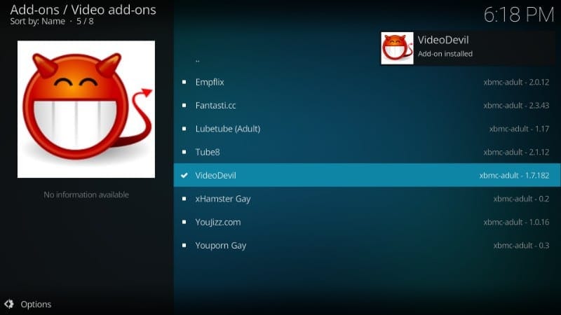 videodevil adult addon installed on kodi 18 / kodi 17.6