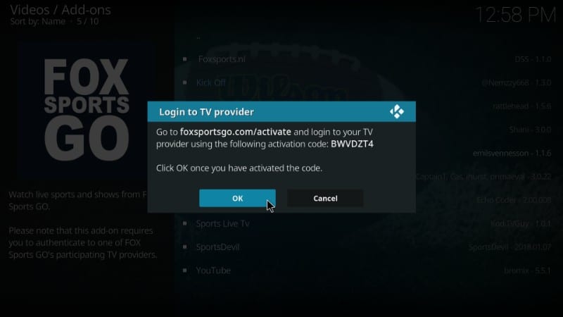 how to activate fox sports go on kodi
