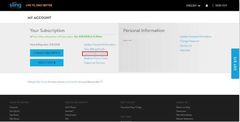 cancel sling tv subscription on firestick
