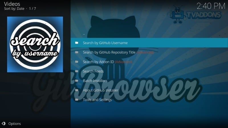 search by github username on kodi