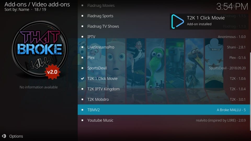 how to use t2k 1 click movie kodi addon