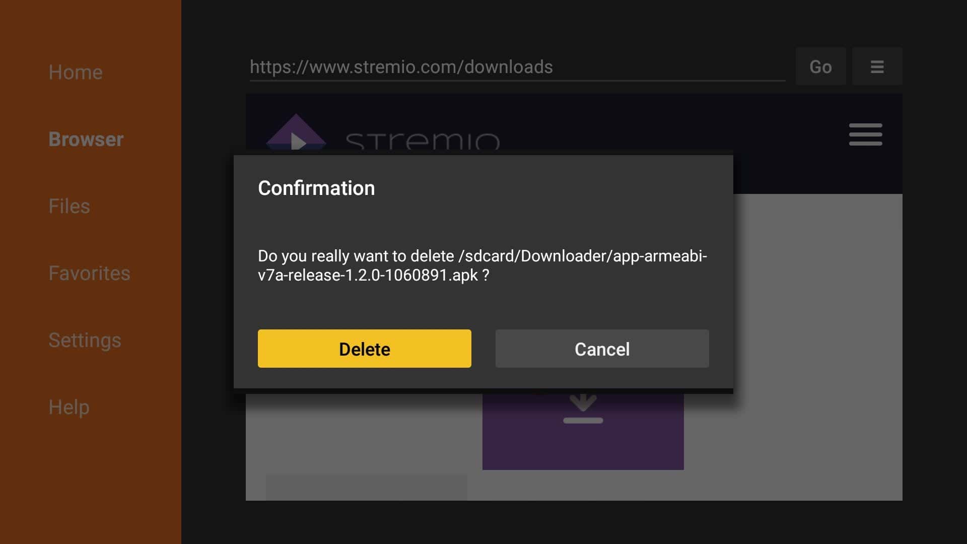 delete stremio apk from firestick storage