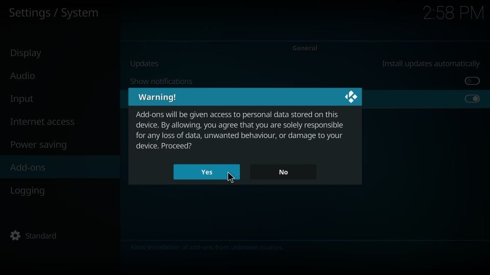 enable unknown sources on kodi app