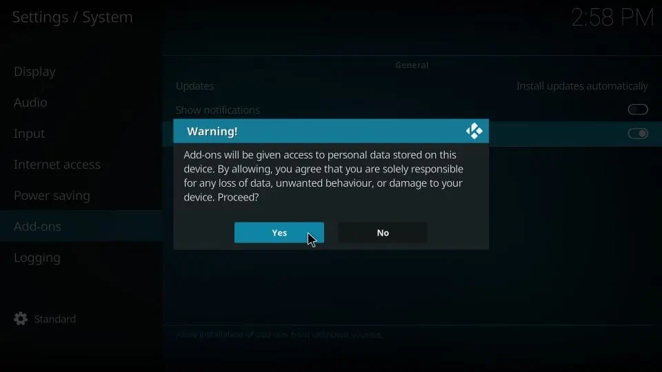 enable unknown sources on kodi app