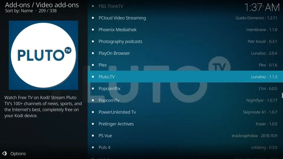 pluto tv kodi addon
