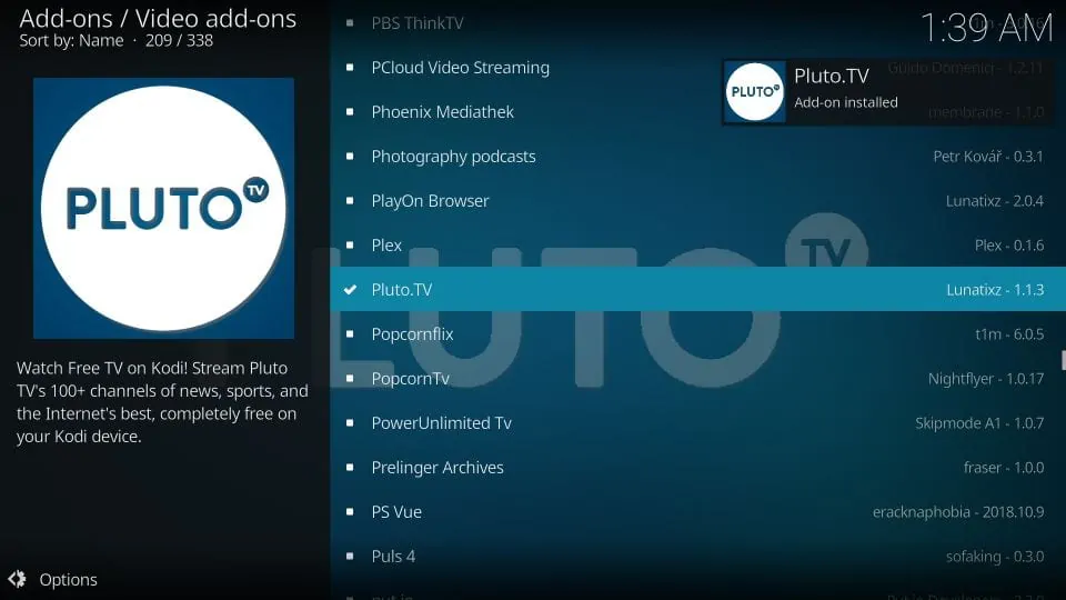 pluto tv addon installed
