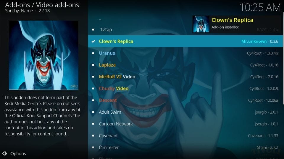 Install clown’s replica kodi addon