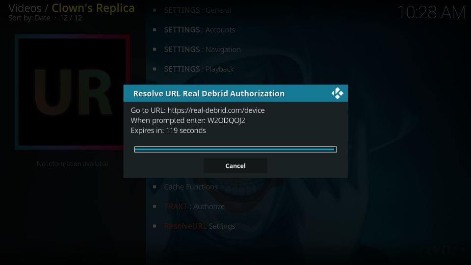real debrid setup with clown's replica addon