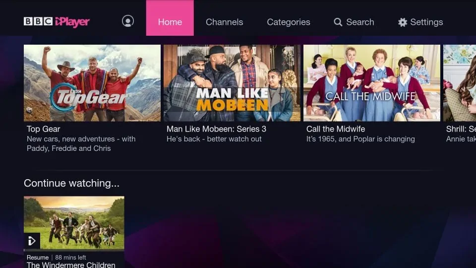 bbc iplayer home screen