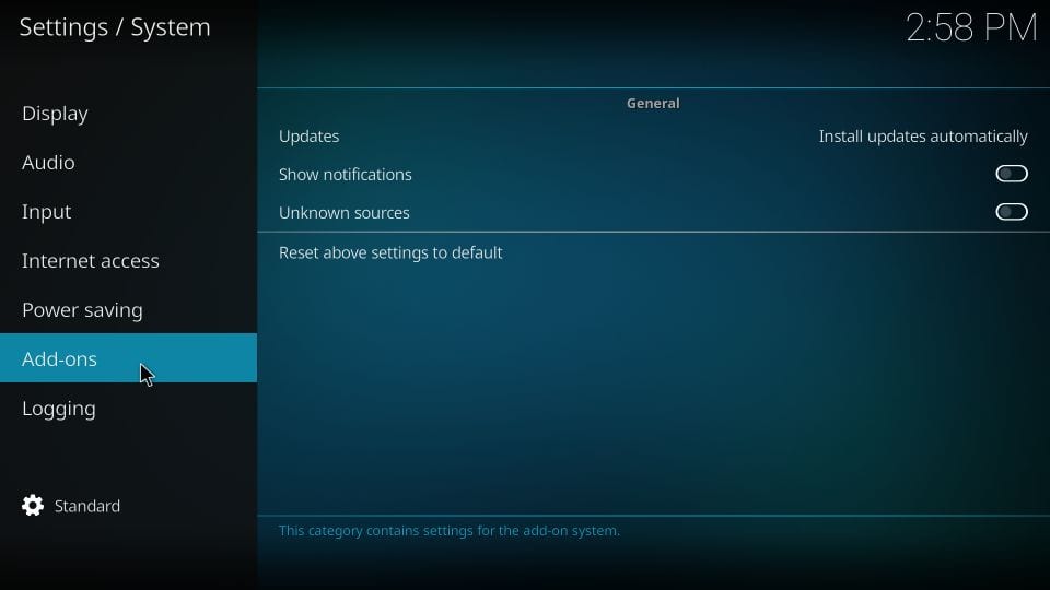 kodi addon settings for unknown sources