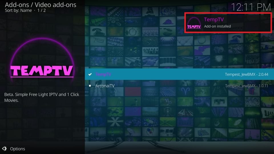 Temptv kodi addon installed