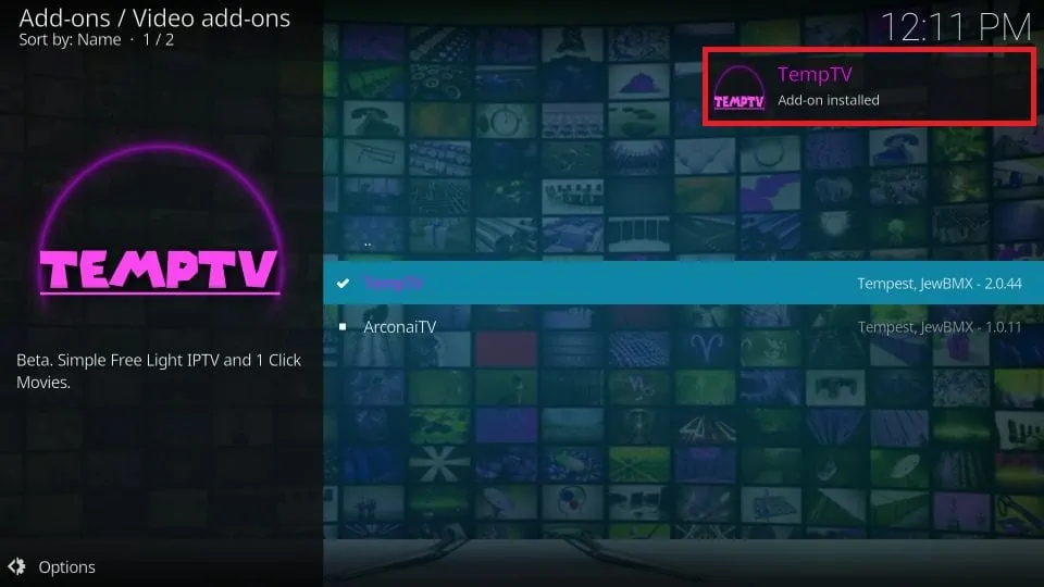 Temptv kodi addon installed