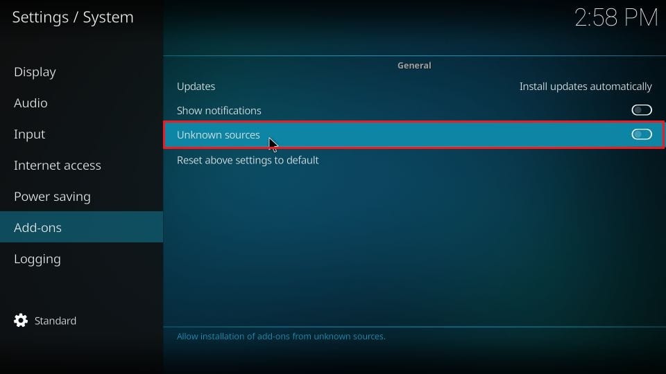 kodi unknown sources settings