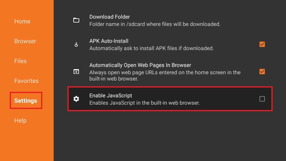 how to enable javascript in downloader app