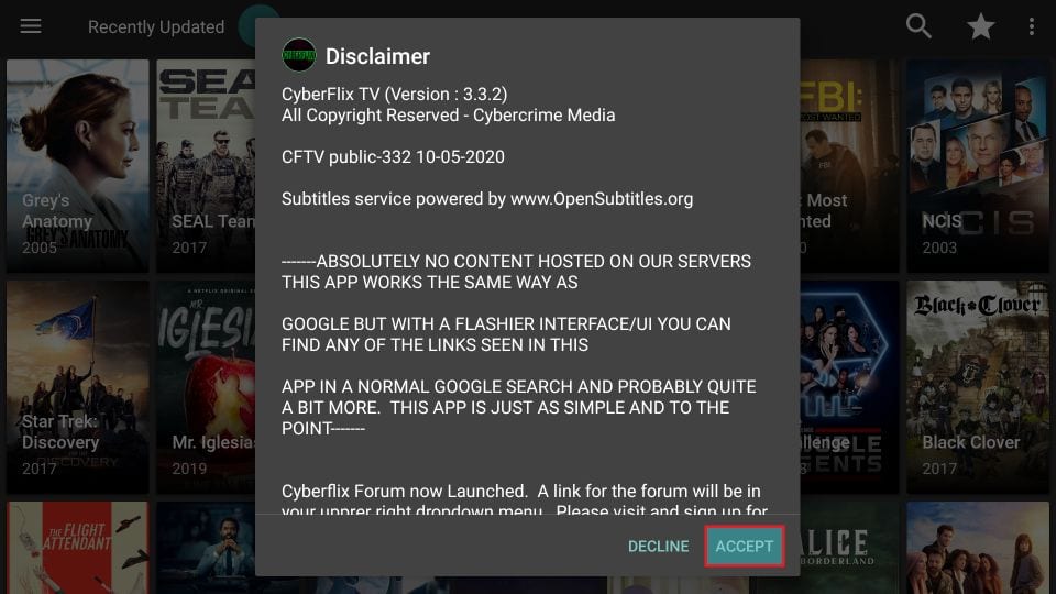 Αναδυόμενο παράθυρο δήλωσης αποποίησης cyberflix