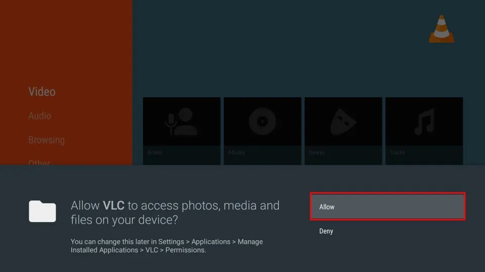 allow VLC to access photos, media and files