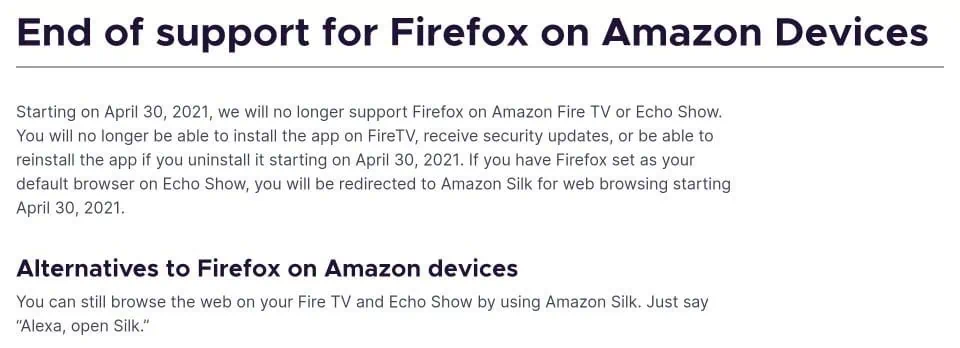 Mozilla Firefox and  Silk browsers now available on