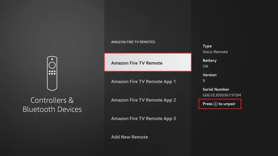 press menu button to unpair the fire stick remote