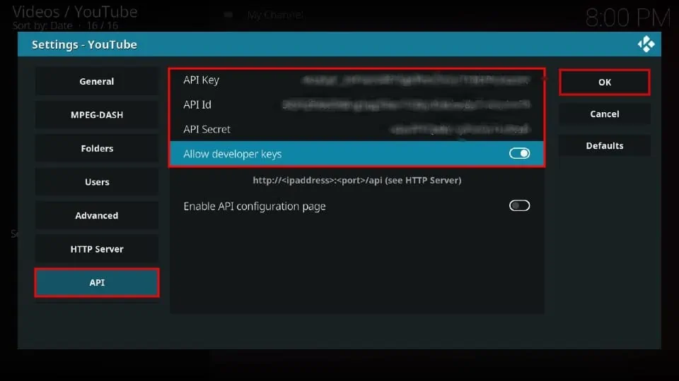 select API option from youtube settings