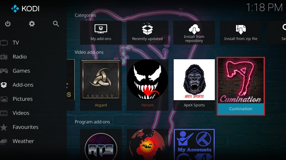 how to use Cumination kodi addon