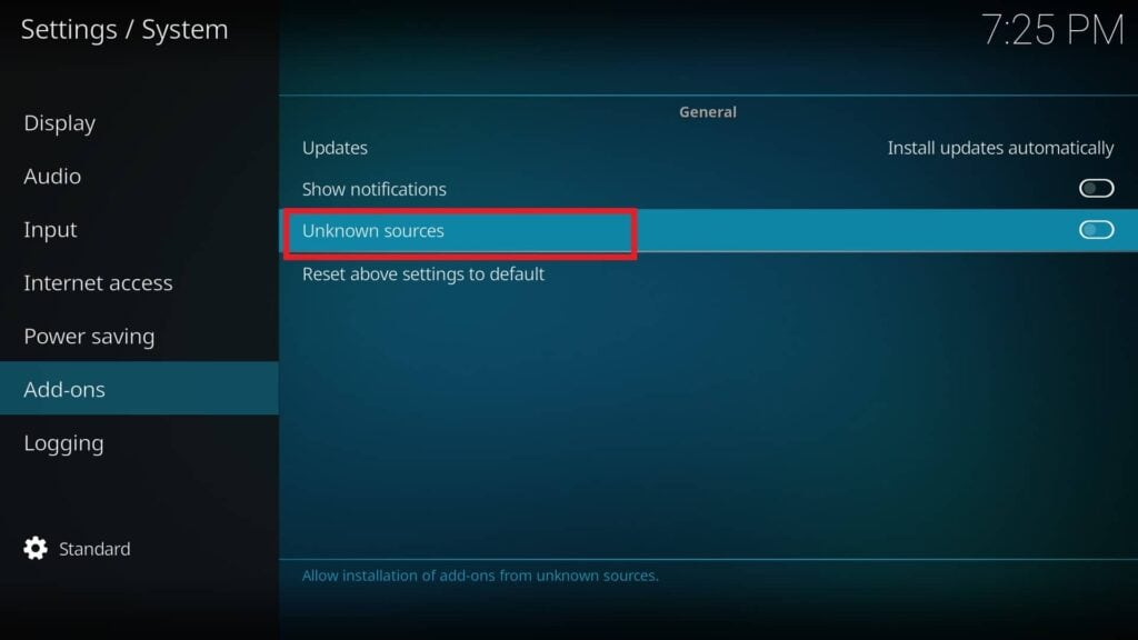 kodi unknown sources option