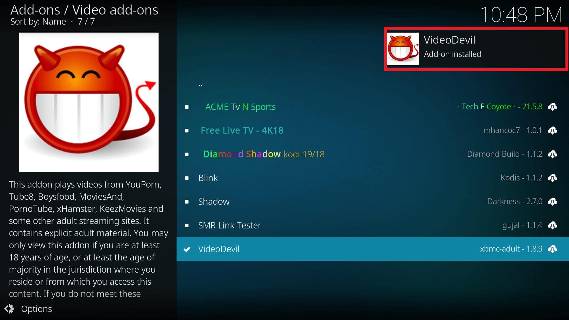 videodevil kodi addon installed