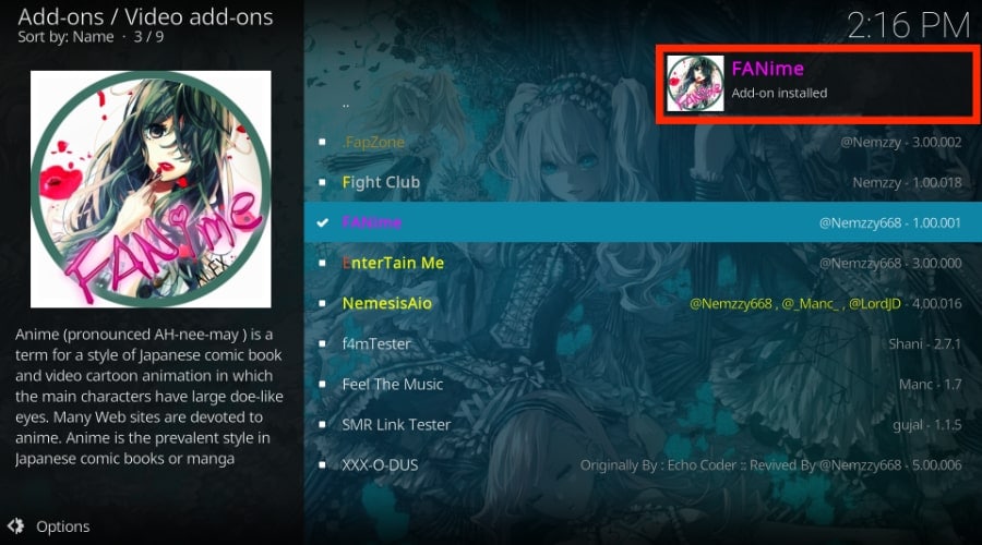 fanime addon installed