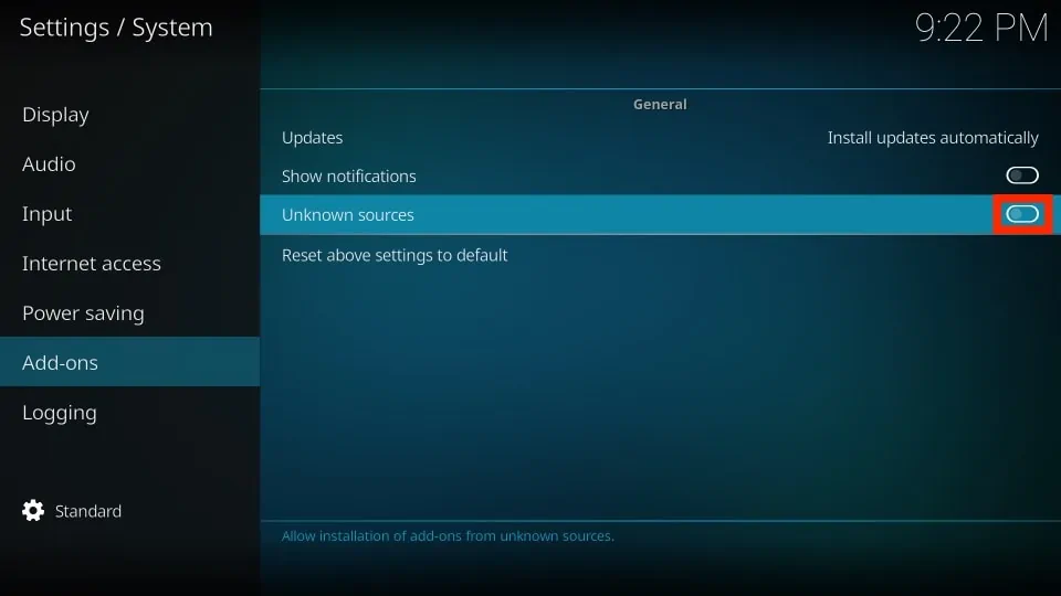 turn on unknown sources on kodi