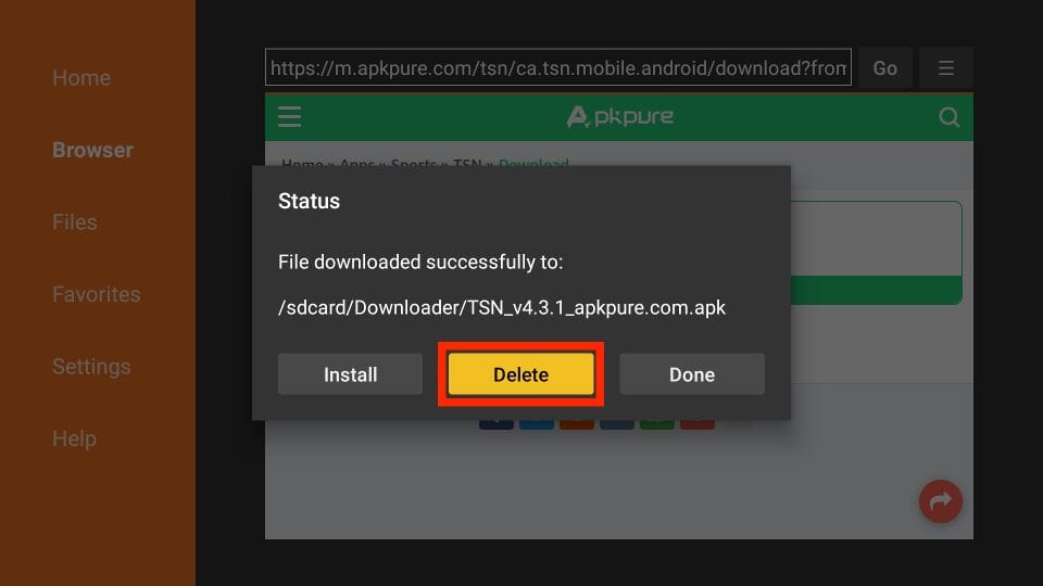 delete tsn apk file from firestick