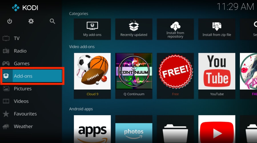select addons from left sidebar