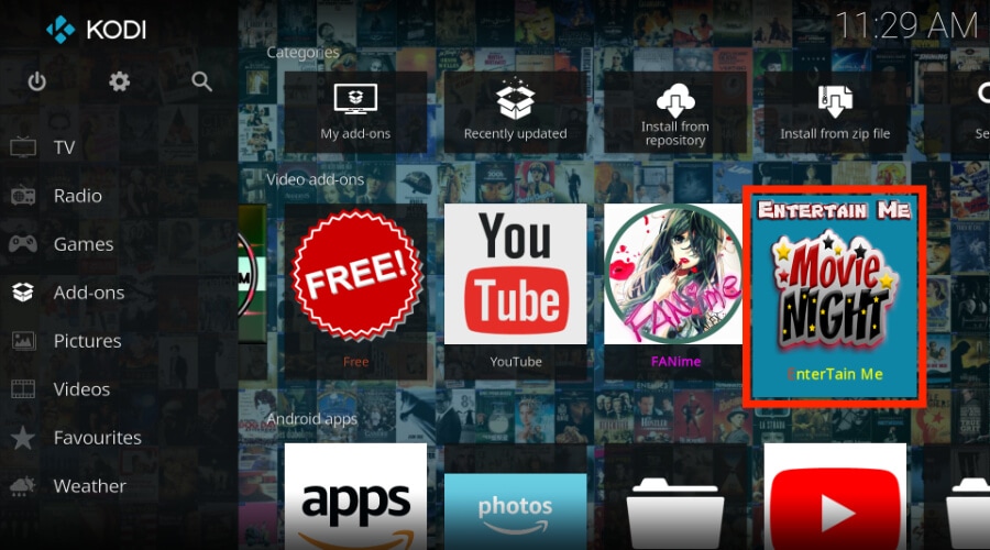 click on entertain me kodi addon