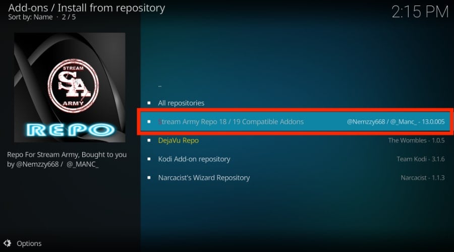 select Stream Army Repo 18 / 19 Compatible Addons option