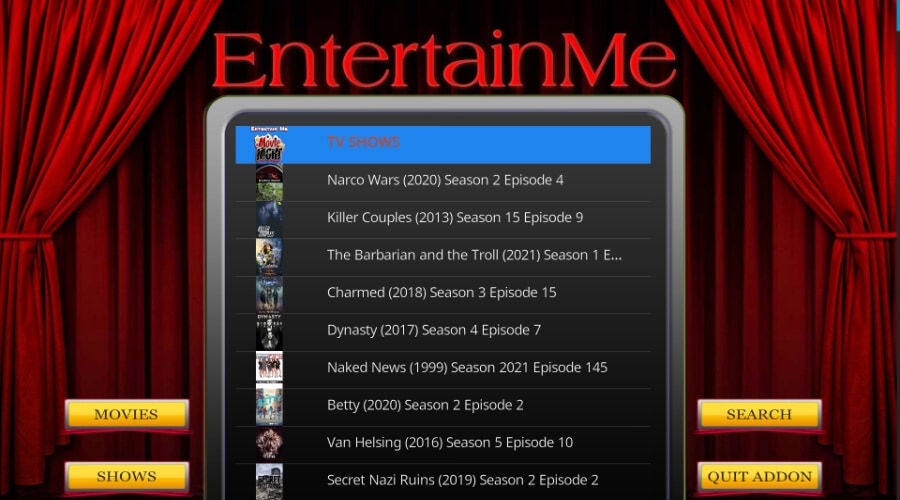 tv shows in entertain me kodi addon