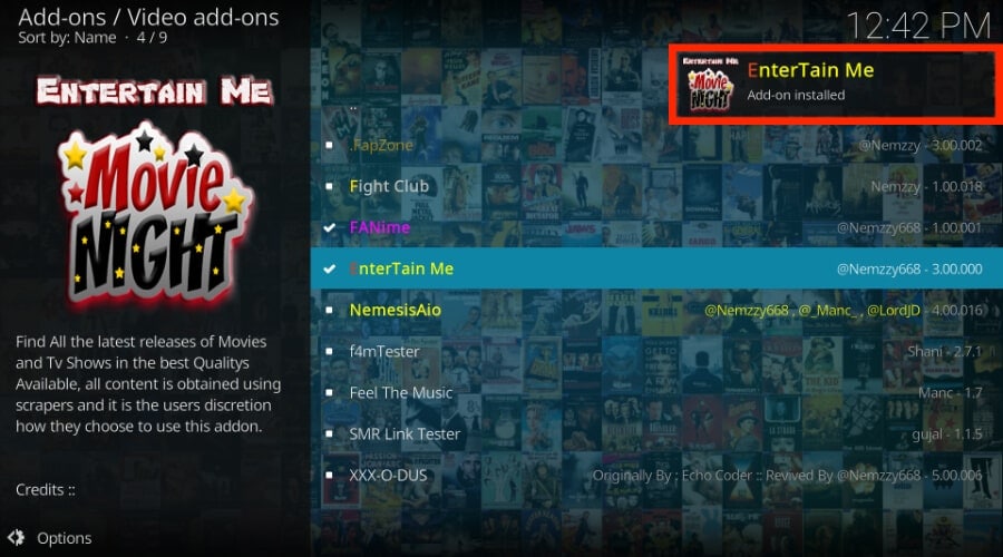 entertain me addon installed