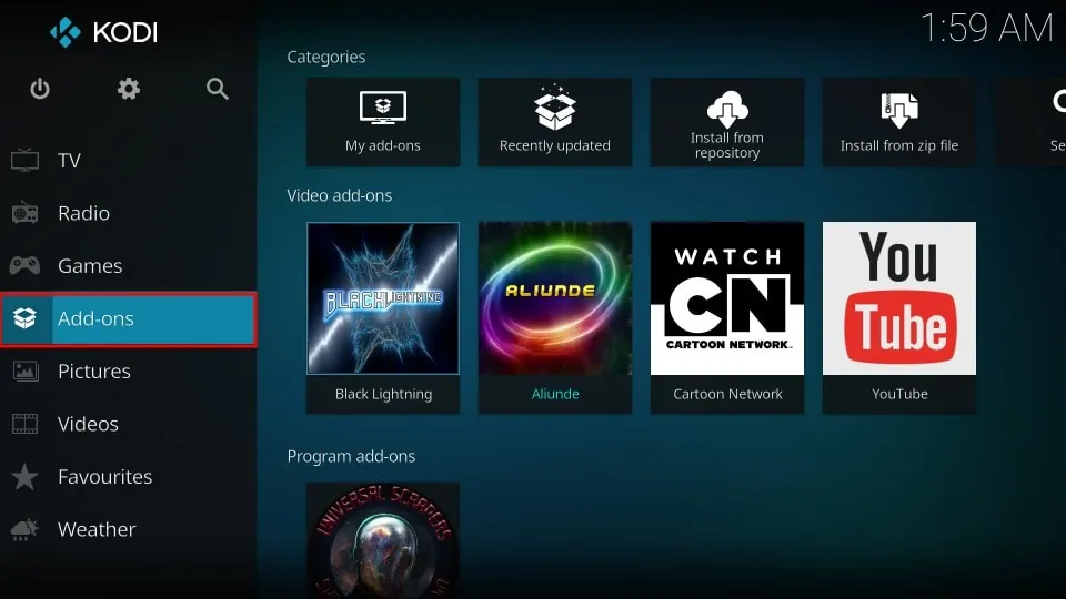 kodi addons menu