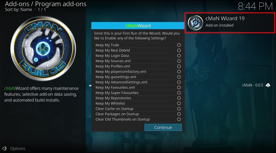 cman's wizard 19 Addon installed