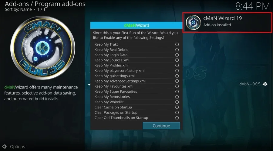 cman's wizard 19 Addon installed