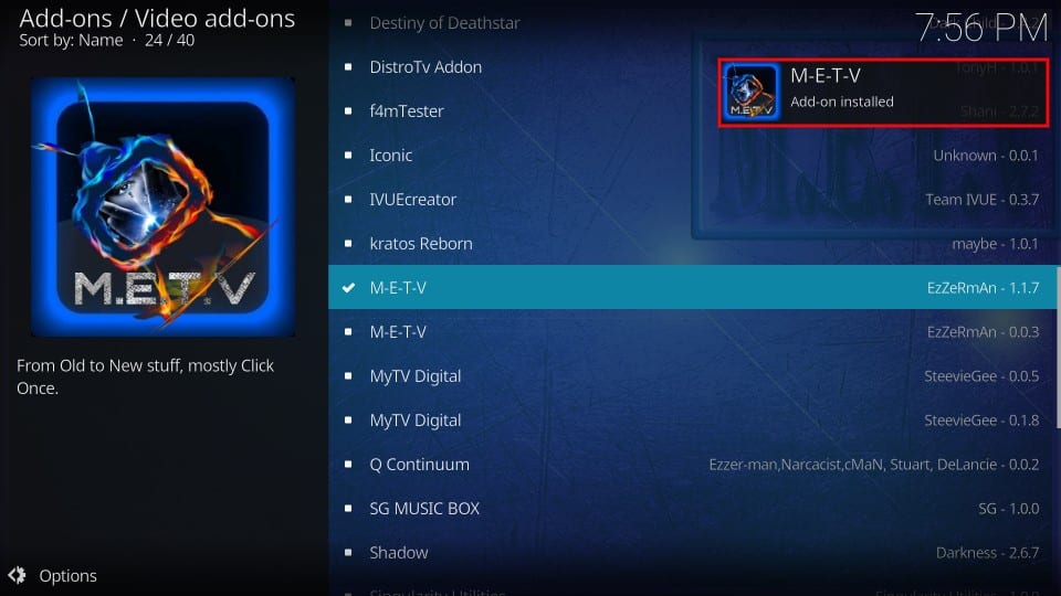 METV Addon installed