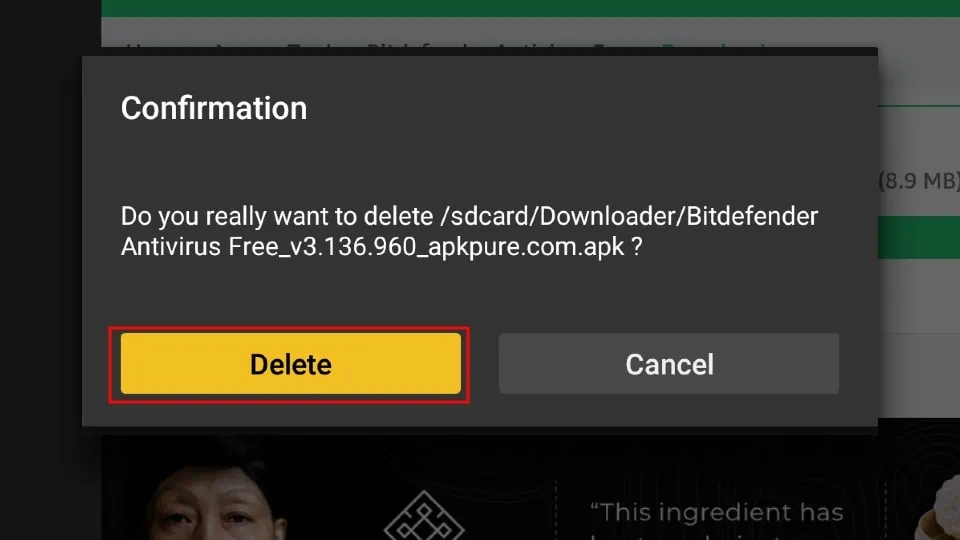 Bitdefender APK delete confirmation
