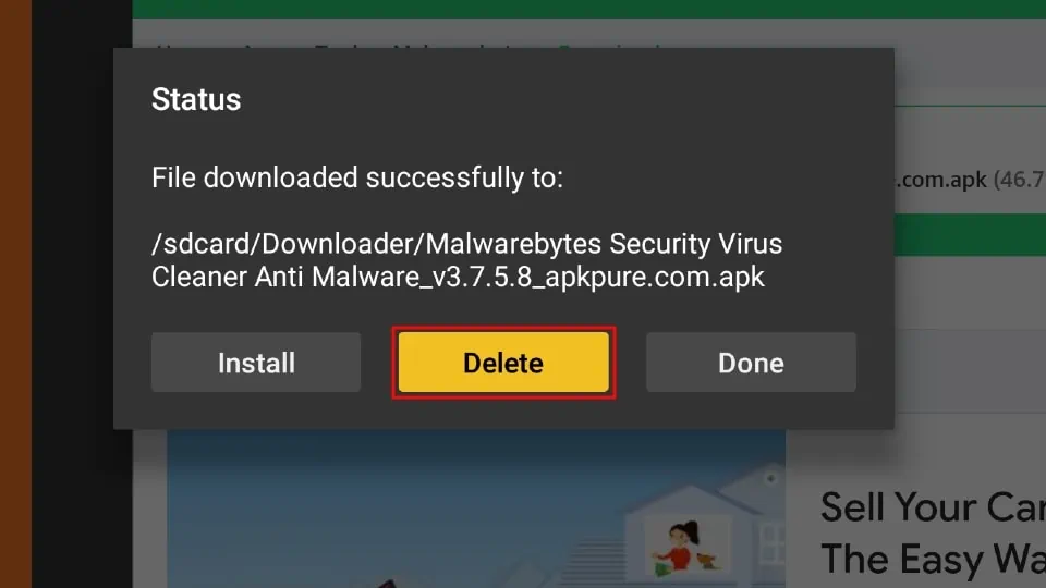 delete malwarebytes apk file from firestick storage