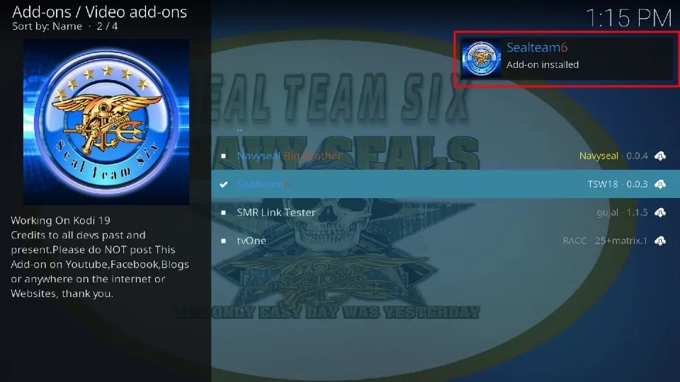 Sealteam6 add-on installed