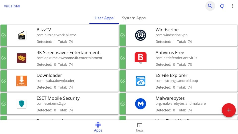 Virus total home screen