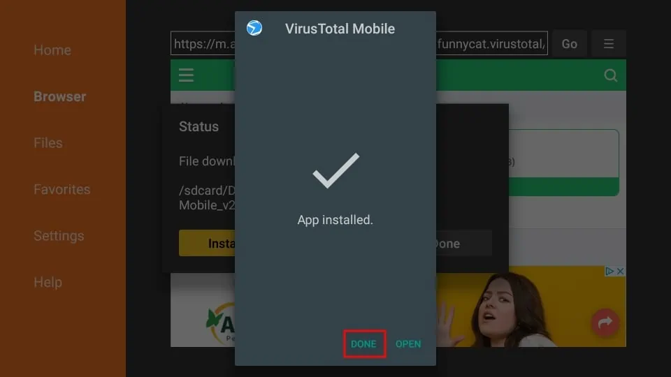 Virustotal mobile version installed on firestick