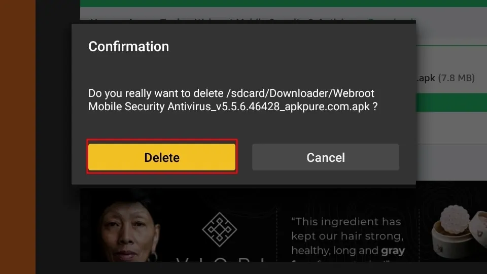 Webroot Delete confirmation