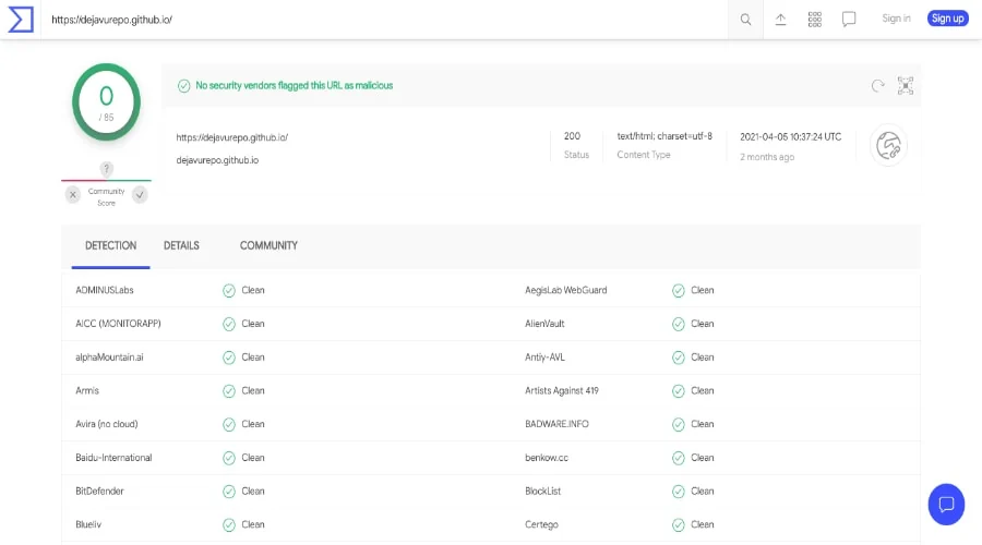 Kaspersky Web Analysis of DejaVu Repo