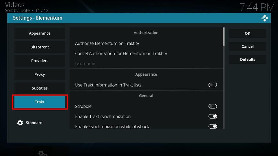 elementum trakt settings