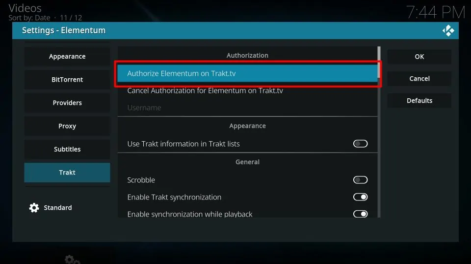 Select Authorize Elementum on Trakt.tv