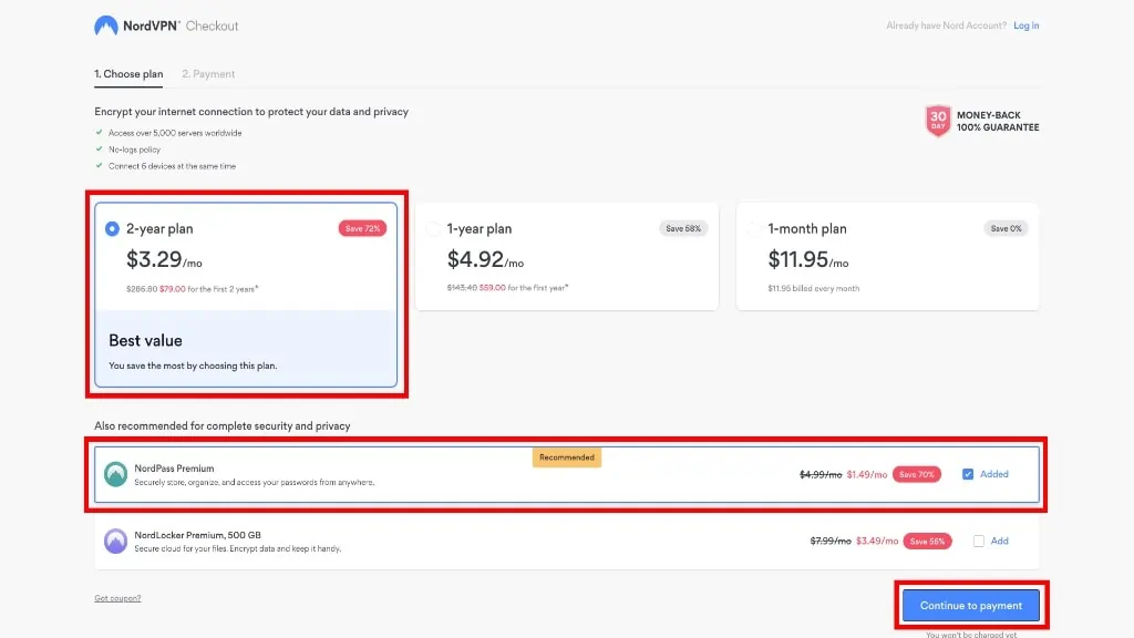 choose payment plan, nordpass premium, continue to payment