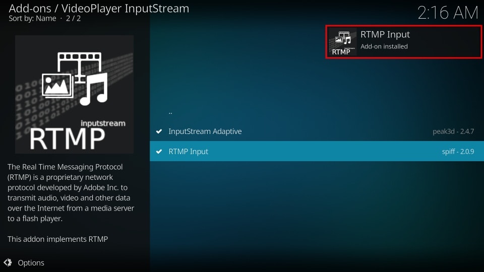 RTMP input addon installed