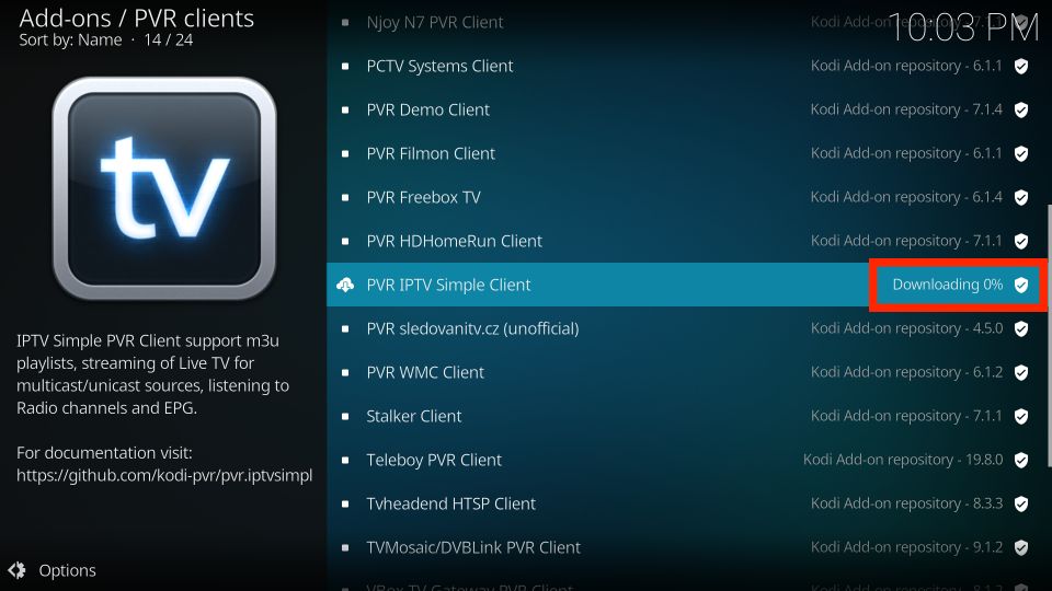 downloading PVR iptv simple client